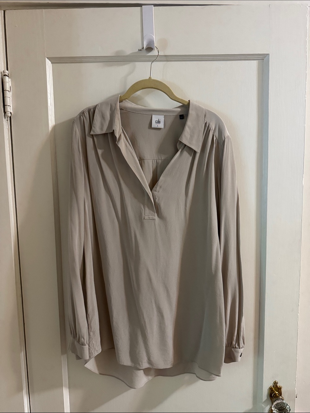 CAbi Silk Taupe Crewneck Blouse